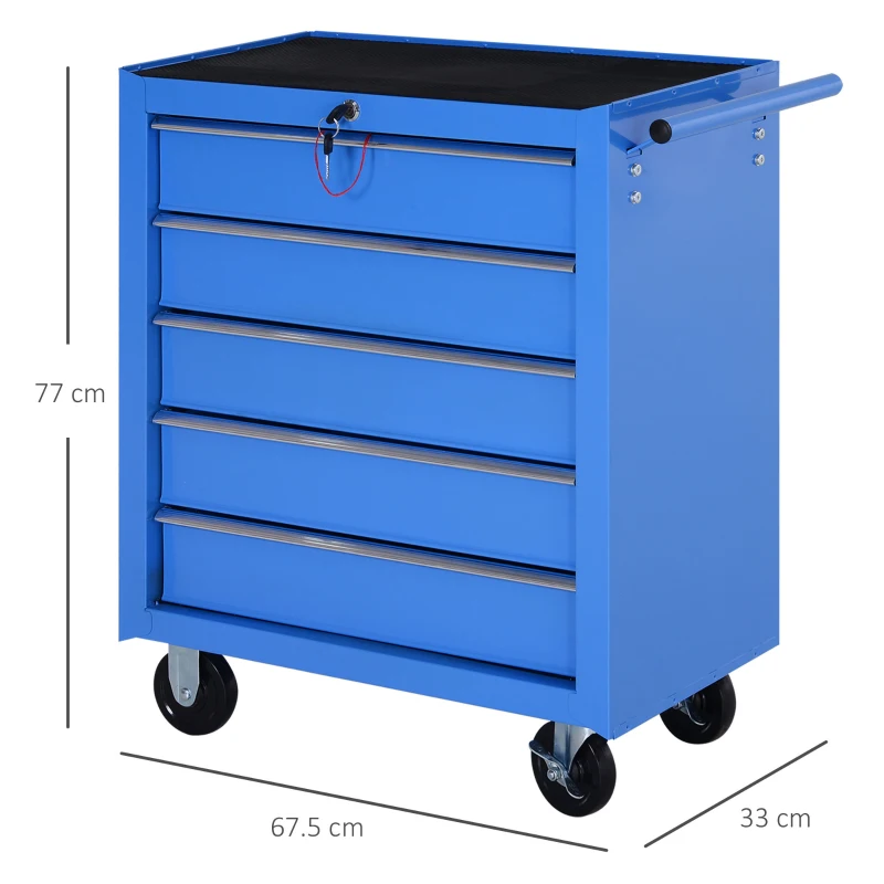 HOMCOM 5 Drawer Tool Chest on Wheels, Lockable Steel Tool Trolley with Side Handle for Workshop, Garage, Blue