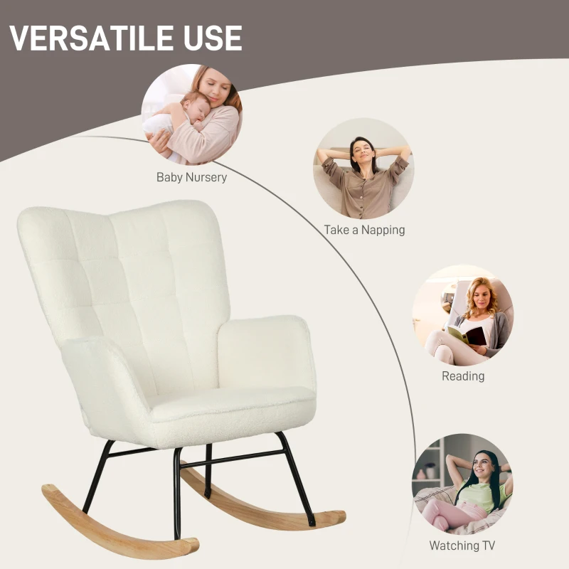 HOMCOM Rocking Chair in Fleece Look with Armrests, Ergonomic Armchair with Wooden Rockers, for Living Room, Bedroom, White(m-5)