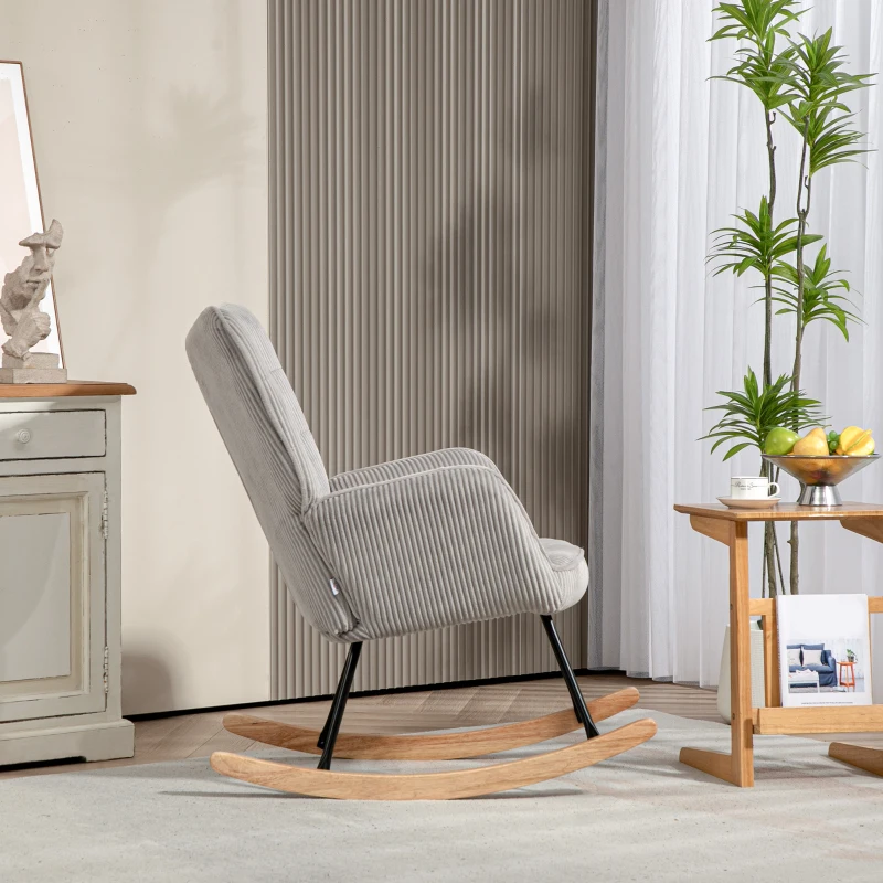 HOMCOM Vintage Rocking Chair, Curved Rockers, Thick Padding, Beechwood & Steel, Light Grey(m-7)