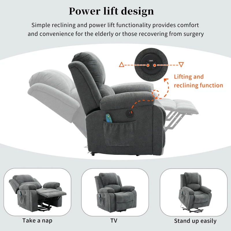 Power Massage Lift Recliner Chair with Heat and Vibration for Elderly, Heavy Duty Reclining Mechanism with Pockets, Cup Holders, Grey