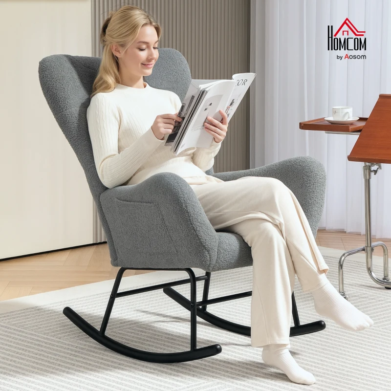 HOMCOM Rocking Chair, Fluffy Cover, Lumbar Pillow, Non-slip, Up to 120 kg, Gray