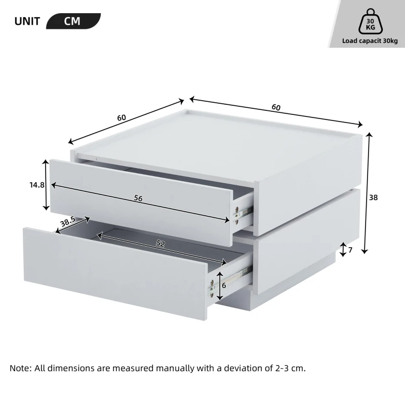 Square Rotating Coffee Table with 2 Drawers, 2-Tier Swivel Tabletop and Storage, 60L x 60W x 38H cm, White