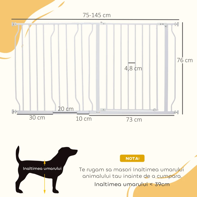 Poarta de Siguranta PawHut pentru Caini Extensibila 75-145cm din Otel si ABS