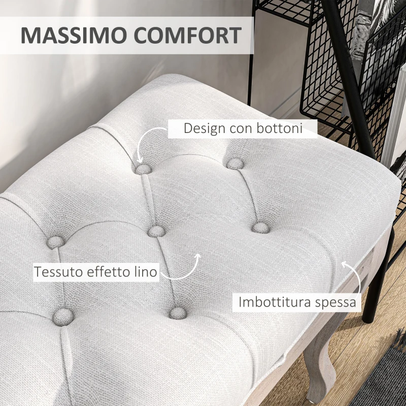 HOMCOM Panca Fondo Letto in Tessuto Effetto Lino, Schiuma e Legno, 110x37x49 cm, Bianco Crema