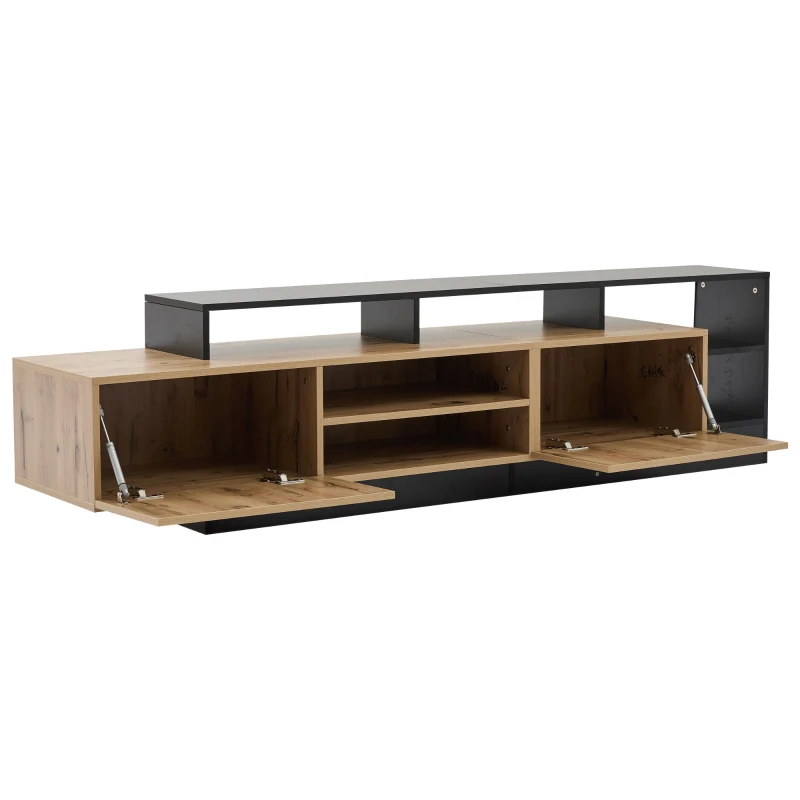 Minimalist Wooden TV Stand with 2 Cabinets and Open Shelves, Entertainment Centre for TVs Up to 70", 190L x 40W x 48.5H cm, Black+Oak