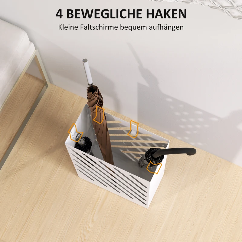 HOMCOM Regenschirmständer mit Tropfschale, 4 Haken, Stahl, 28L x 14B x 41H cm, Weiß(m-5)