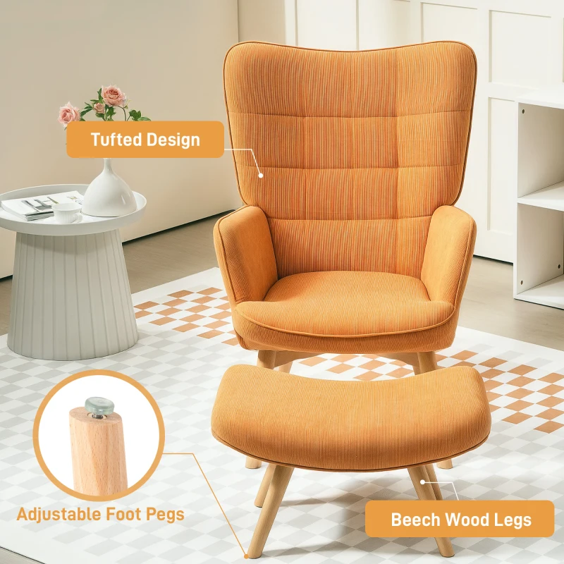 HOMCOM Accent Chair with Ottoman, Recliner in Corduroy Look, Armchair with Wooden Legs, for Living Room, Brown(m-5)