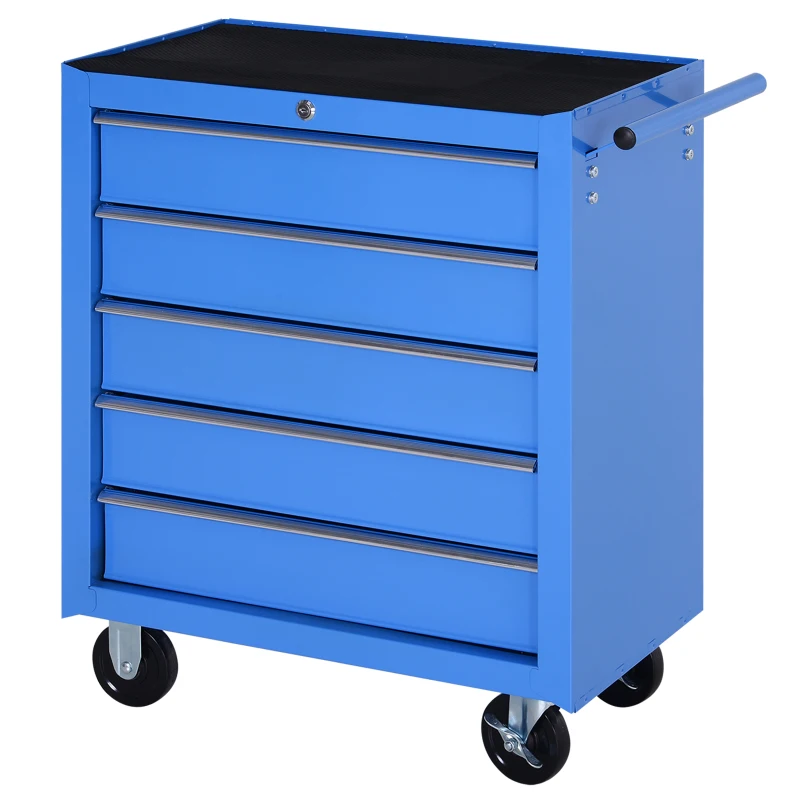 HOMCOM 5 Drawer Tool Chest on Wheels, Lockable Steel Tool Trolley with Side Handle for Workshop, Garage, Blue