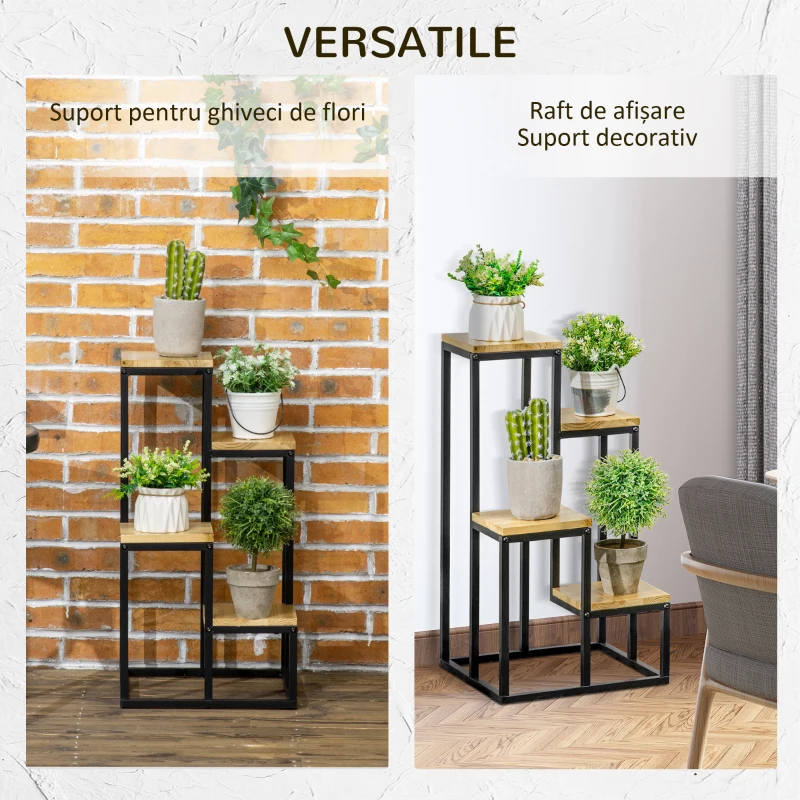 Outsunny Raft pentru Plante cu 4 niveluri din Metal și Lemn de Brad pentru Interior și Exterior, 34x34x66 cm, Natural