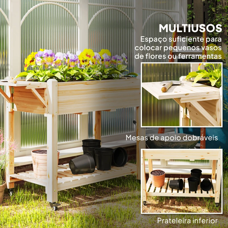 Outsunny Floreira de Madeira com Rodas Prateleira e Laterais Dobráveis para Cultivo de Flores Vegetais 45x52x86 cm Madeira