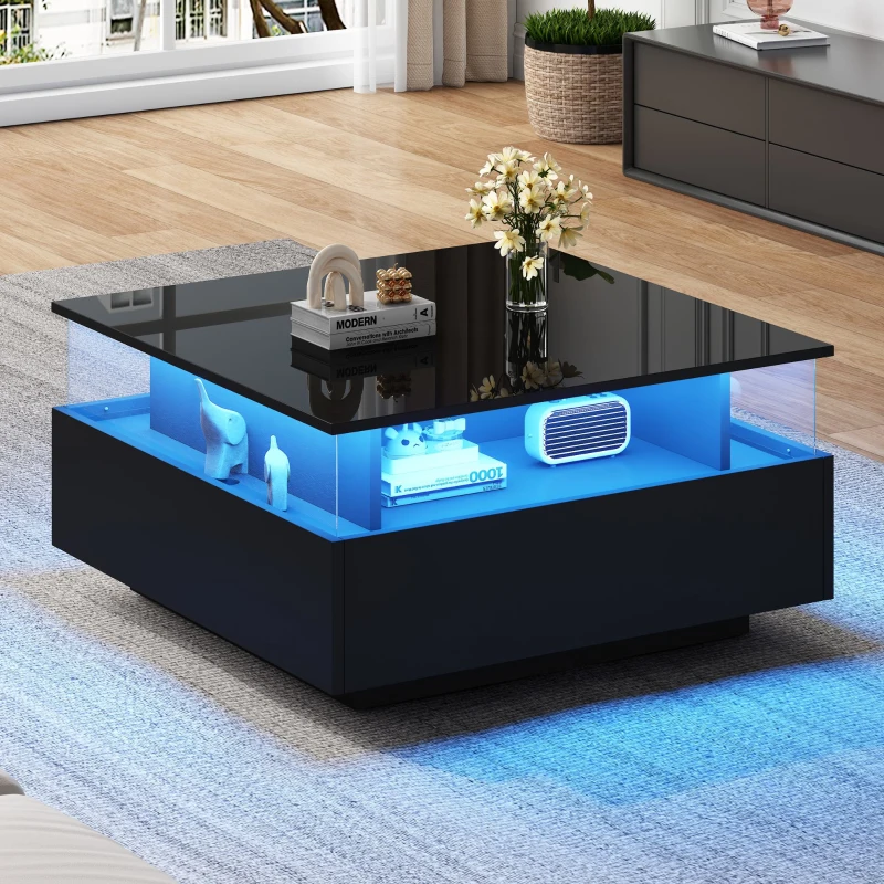 Modern LED Coffee Table with 2 Sliding Drawers and Smart App Control, Square Design, 70L x 70W x 41H cm, Black