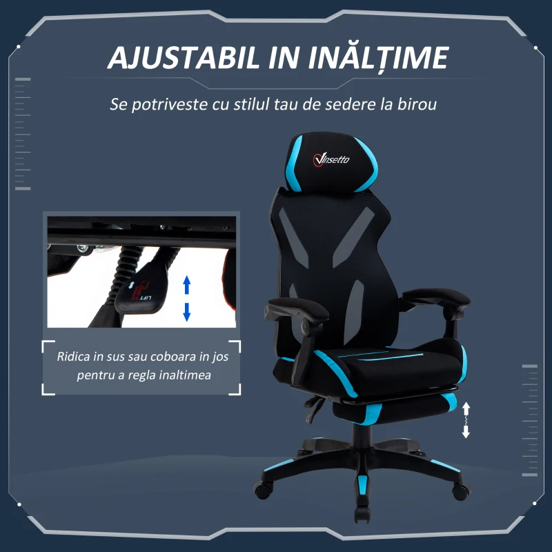 Vinsetto Scaun Gaming Ergonomic 65×65×119‑129 cm Negru/Albastru
