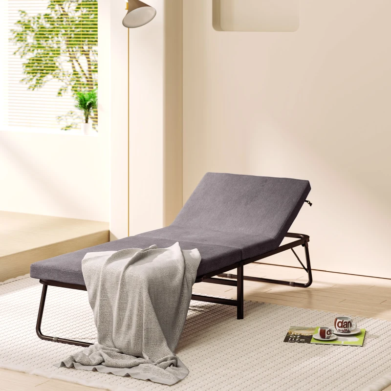 HOMCOM Cama Dobrável 70x180 cm com Colchão de Espuma Cama Dobrável com Encosto Ajustável em 5 Posições e Rodas Marrom