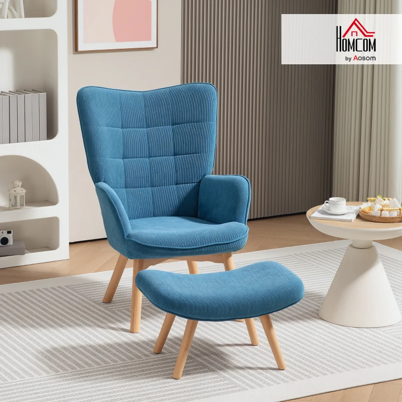 HOMCOM Accent Chair with Ottoman, Recliner in Corduroy Look, Armchair with Wooden Legs, for Living Room, Blue(m-10)