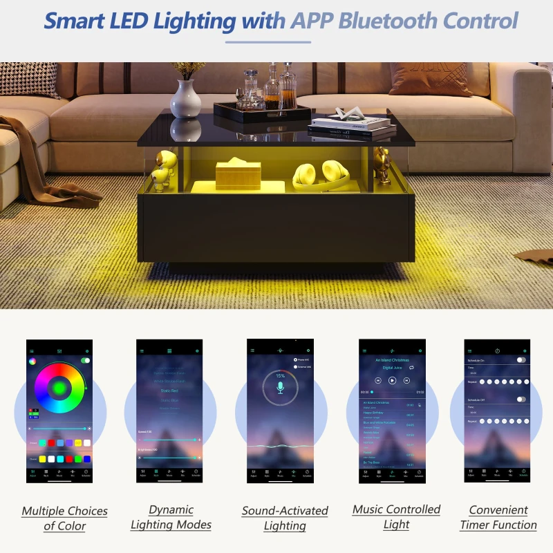 Modern LED Coffee Table with 2 Sliding Drawers and Smart App Control, Square Design, 70L x 70W x 41H cm, Black