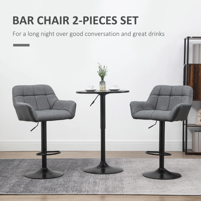 HOMCOM Bar Stool Set of 2 Retro Design Height-Adjustable Faux Leather Linen-Look Gray + Black