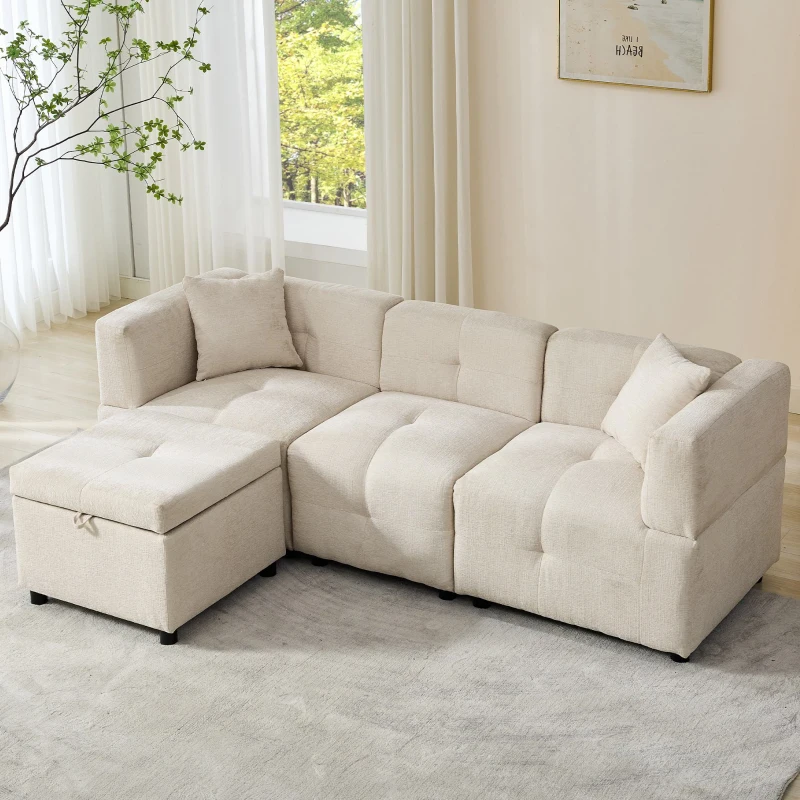 L-Shaped Sectional Sofa with Removable Storage Ottoman and 2 Pillows, Fabric Upholstery, 204L x 68W x 69H cm, Beige