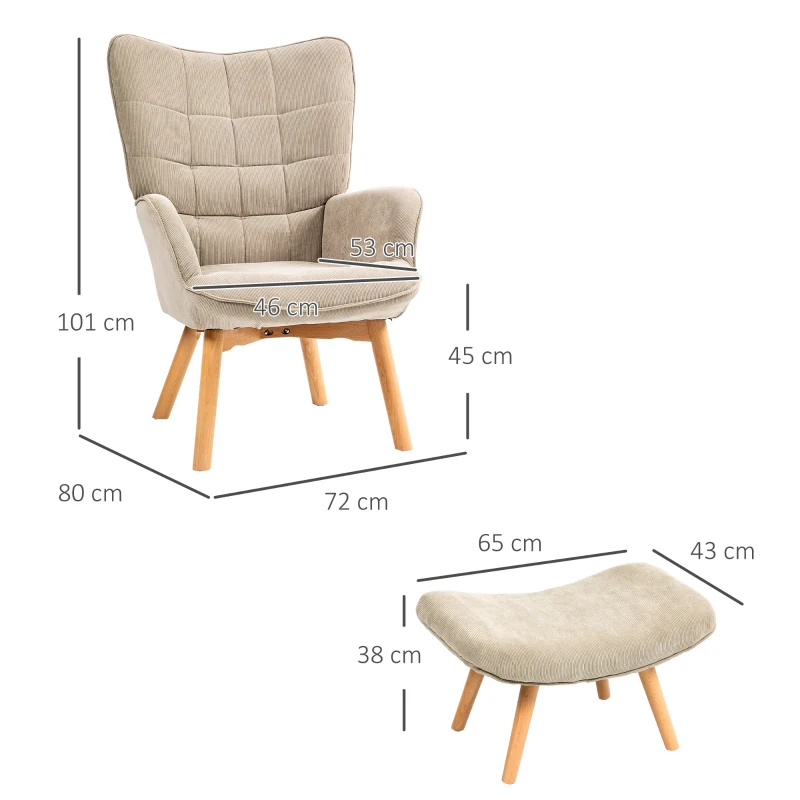HOMCOM Accent Chair with Ottoman, Lounge Chair in Corduroy Look, Armchair with Wooden Legs, for Living Room, Light Brown(m-3)