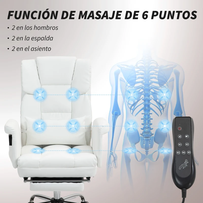 HOMCOM Silla de Oficina con 6 Puntos de Masaje Reposapiés Retráctil Altura Ajustable Control Remoto y Soporte Lumbar Blanco(m-4)