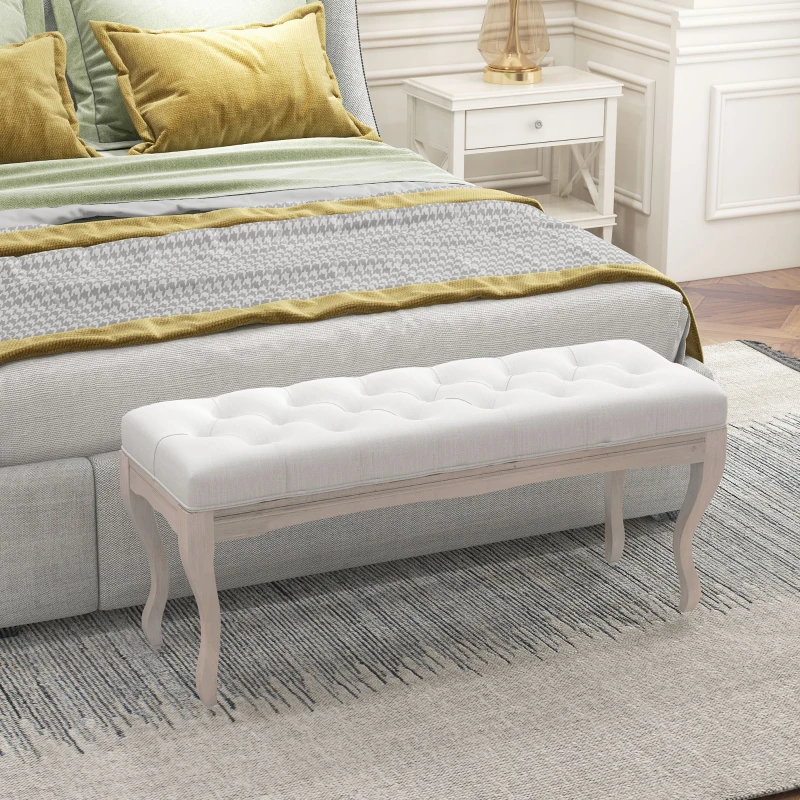 HOMCOM Banc Banquette capitonnée Style Classique 110 cm Bout de lit Rembourrée en lin piètement Bois hévéa sculpté blanc crème
