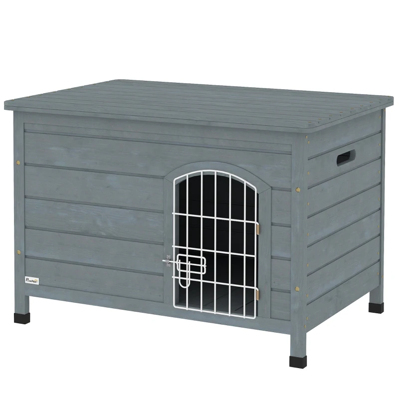 PawHut Wooden Dog House with Removable Bottom, Wire Door, Openable Top, Pet Shelter for Small Dog, 80 x 55 x 53.5cm, Grey