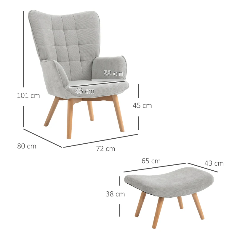 HOMCOM Accent Chair with Ottoman, Recliner in Corduroy Style, Armchair with Wooden Legs, for Living Room, Gray(m-3)