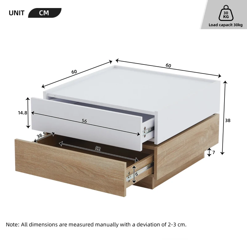 Square Rotating Coffee Table with 2 Drawers and Swivel Top, 2-Tier Centre Table with Storage, 60L x 60W x 38H cm, White+Oak
