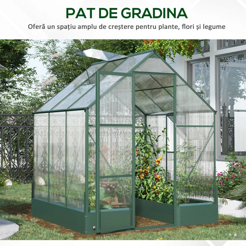 Outsunny Sera pentru Gradina din Policarbonat si Aluminiu, cu Ferestre si Vase, Baza Inclusa, 190x190x220cm