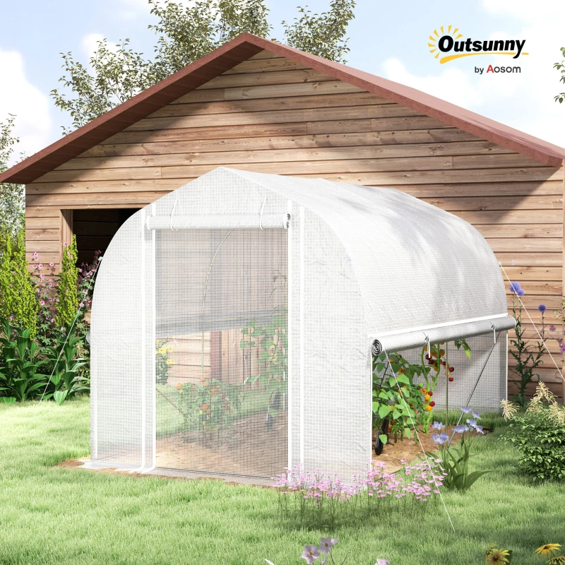 Outsunny 3 x 2 x 2 m Polytunnel Greenhouse with Roll-Up Side Walls, UV-Resistant Plastic Cover, and Steel Frame, White