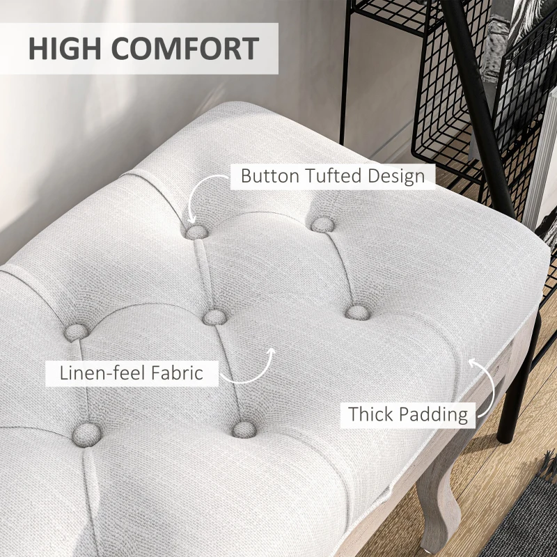 HOMCOM Bancă pentru Capătul Patului cu Înveliș Textil Aspect de In, Bancă Capitonată, 110x37x49 cm, Alb Crem