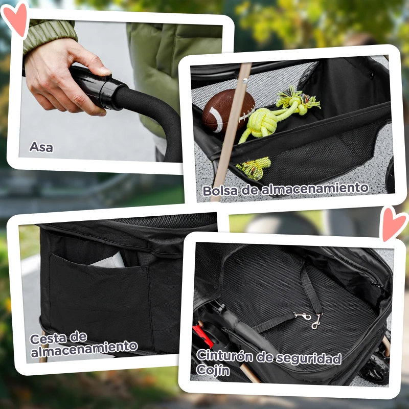PawHut Carrito para Perros Plegable 3 en 1 con Cesta de Almacenaje Ventana de Malla y Sistema de Seguridad 76x50x102 cm Negro