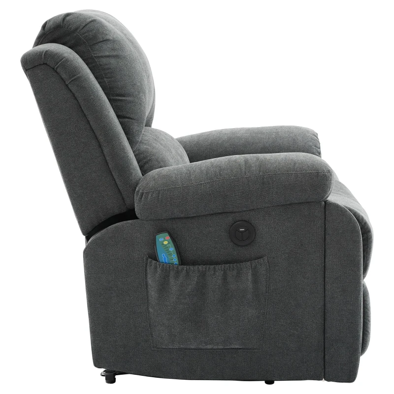 Power Massage Lift Recliner Chair with Heat and Vibration for Elderly, Heavy Duty Reclining Mechanism with Pockets, Cup Holders, Grey