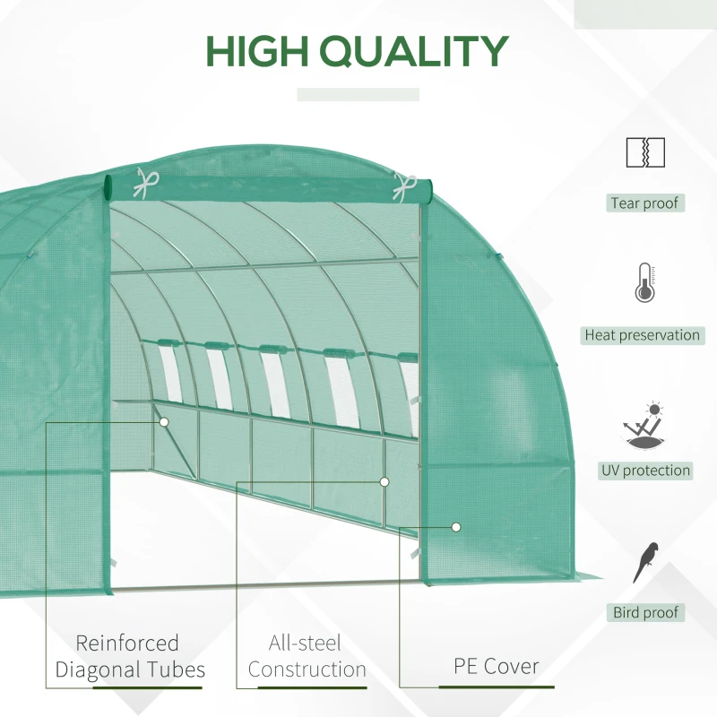 Outsunny Greenhouse 800x300x200cm Foil Greenhouse Tomato House Door with Mosquito Net, Window, Foil Tunnel made of galvanized steel, stable plant tunnel, greenhouse including ground anchors ropes, Green