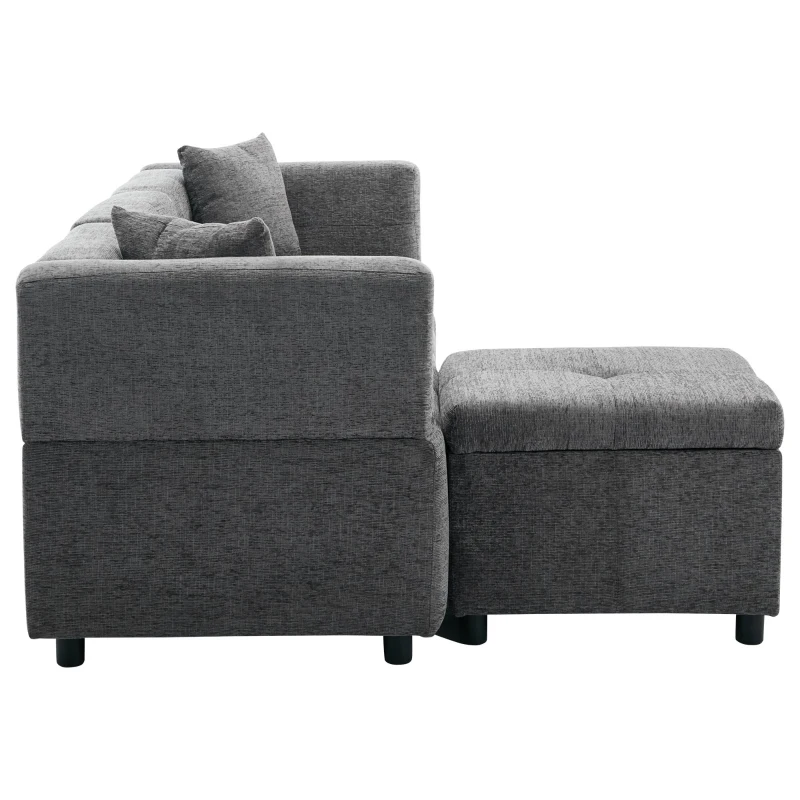 L-Shaped Sectional Sofa with Removable Storage Ottoman and 2 Pillows, Fabric Upholstery, 204L x 68W x 69H cm, Grey