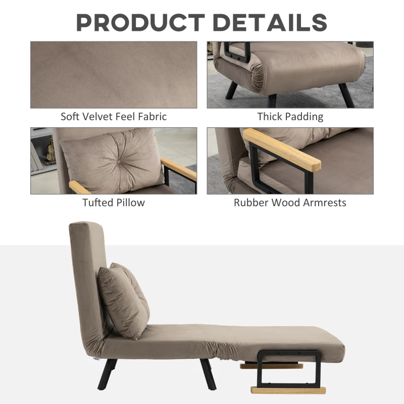 HOMCOM Sleeper Chair, Guest Bed, Adjustable Backrest, up to 120 kg, Steel Frame, 63x73x81cm, Light Brown(m-7)