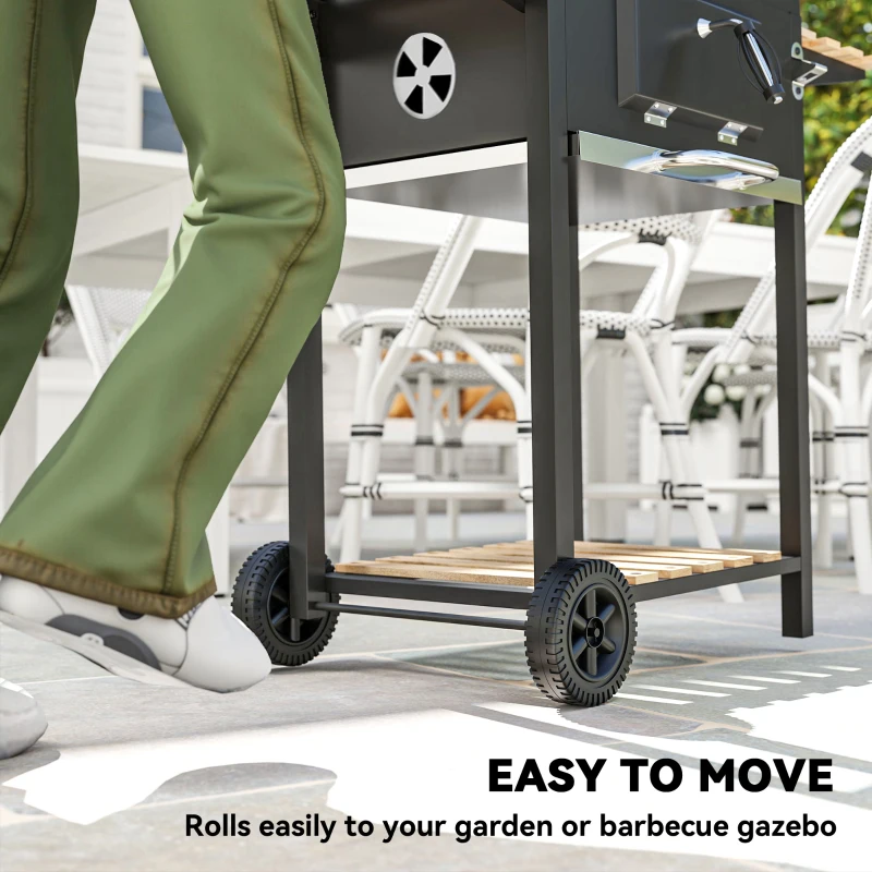 Outsunny Charcoal BBQ Grill with Height Adjustable Charcoal Pan, Barbecue Smoker with Warming Rack, 3 Shelves, Temperature Gauge, Wheels, Bottle Opener for Outdoor Cooking Garden Party