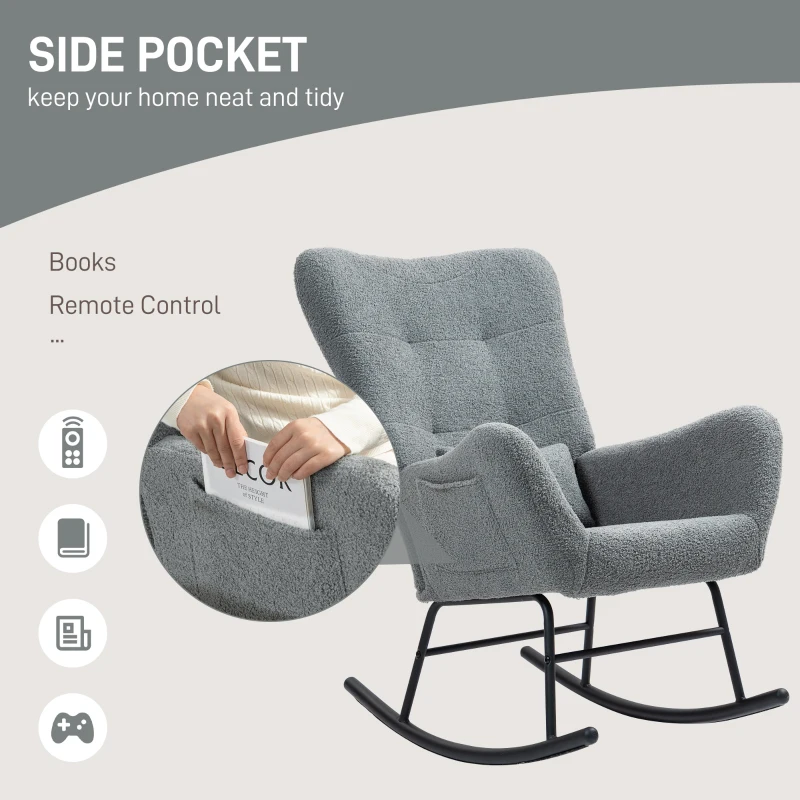 HOMCOM Rocking Chair, Fluffy Cover, Lumbar Pillow, Non-slip, Up to 120 kg, Gray