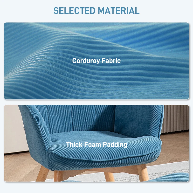 HOMCOM Accent Chair with Ottoman, Recliner in Corduroy Look, Armchair with Wooden Legs, for Living Room, Blue(m-4)