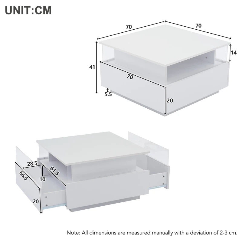 Modern LED Coffee Table with Storage and Bluetooth Control, Square Design with 2 Sliding Drawers, 70L x 70W x 41H cm, White