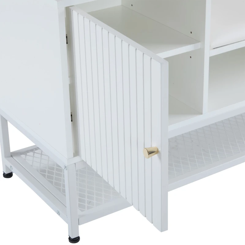 Modern Shoe Storage Bench with Padded Cushion and LED Lights, Entryway Organiser with Adjustable Shelves, 100L x 38W x 60H cm, White