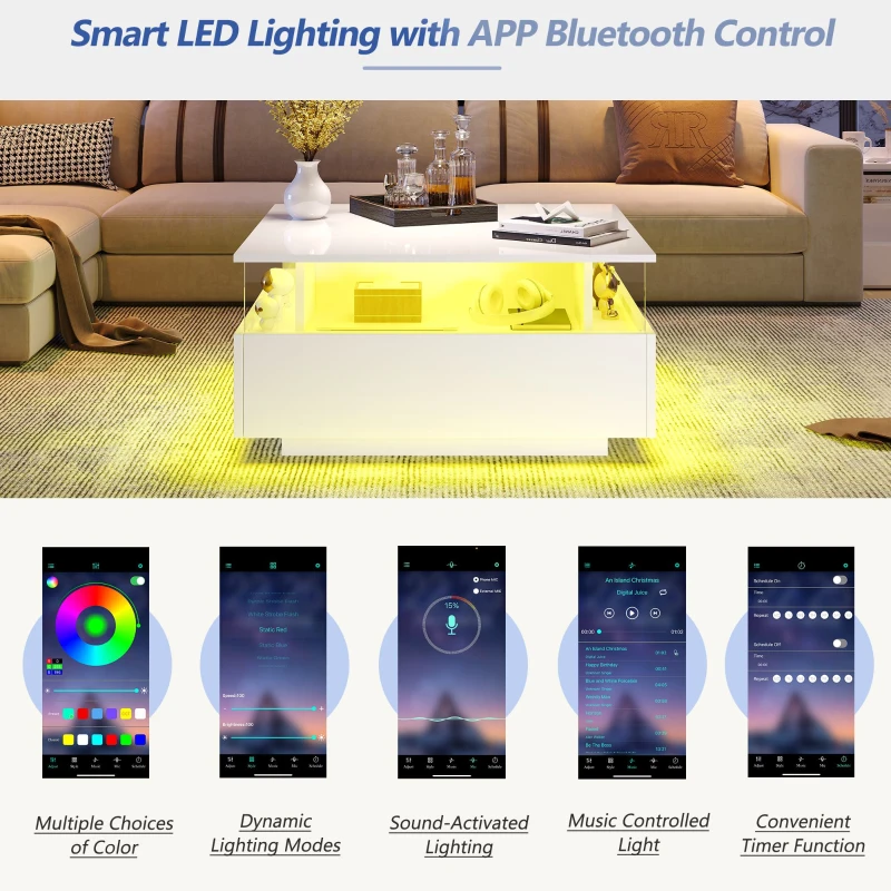 Modern LED Coffee Table with Storage and Bluetooth Control, Square Design with 2 Sliding Drawers, 70L x 70W x 41H cm, White