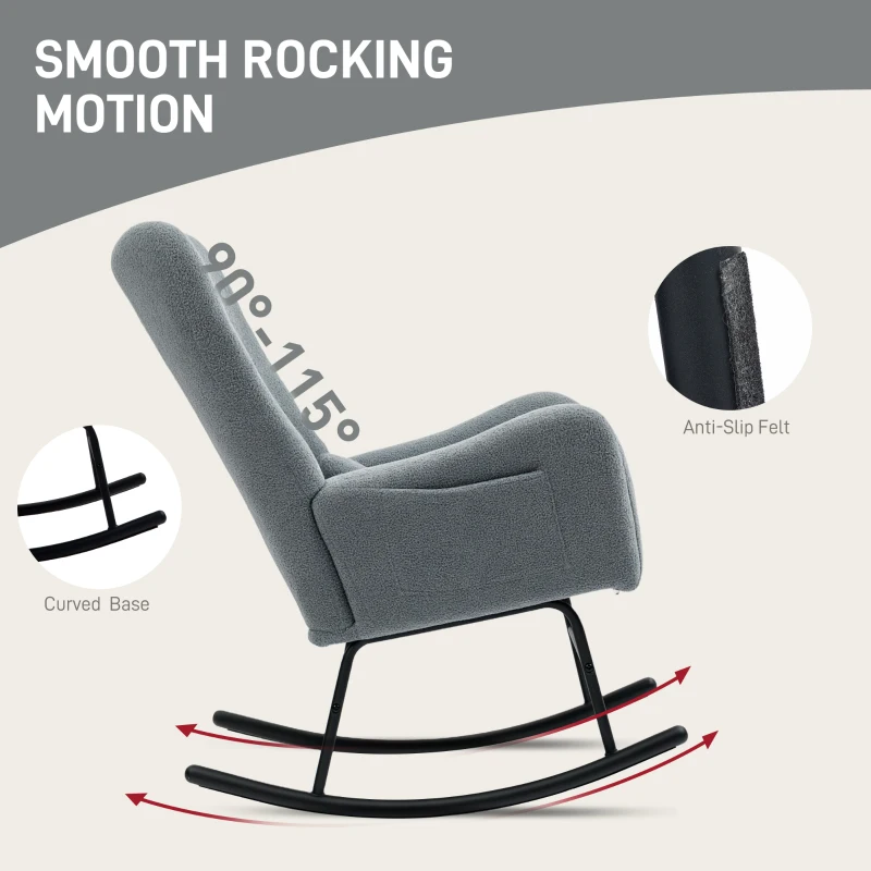 HOMCOM Rocking Chair, Fluffy Cover, Lumbar Pillow, Non-slip, Up to 120 kg, Gray