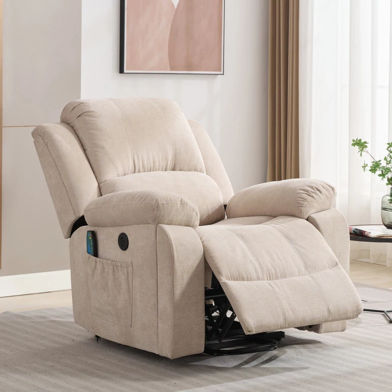 Power Massage Lift Recliner Chair with Heat and Vibration for Elderly, Fabric Sofa with Storage Pockets, Cup Holders, 90L x 94W x 101H cm, Beige