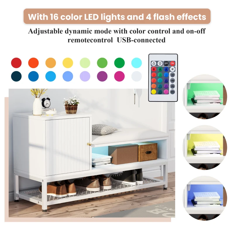 Modern Shoe Storage Bench with Padded Cushion and LED Lights, Entryway Organiser with Adjustable Shelves, 100L x 38W x 60H cm, White