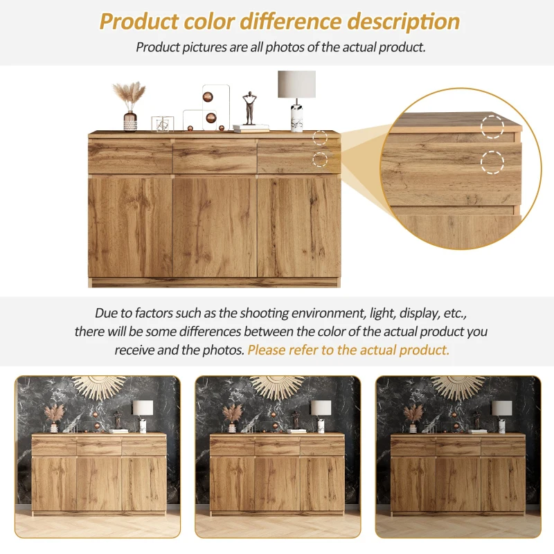 Farmhouse Oak Buffet Cabinet with 3 Drawers and Adjustable Shelves, 135L x 40W x 81H cm, Oak