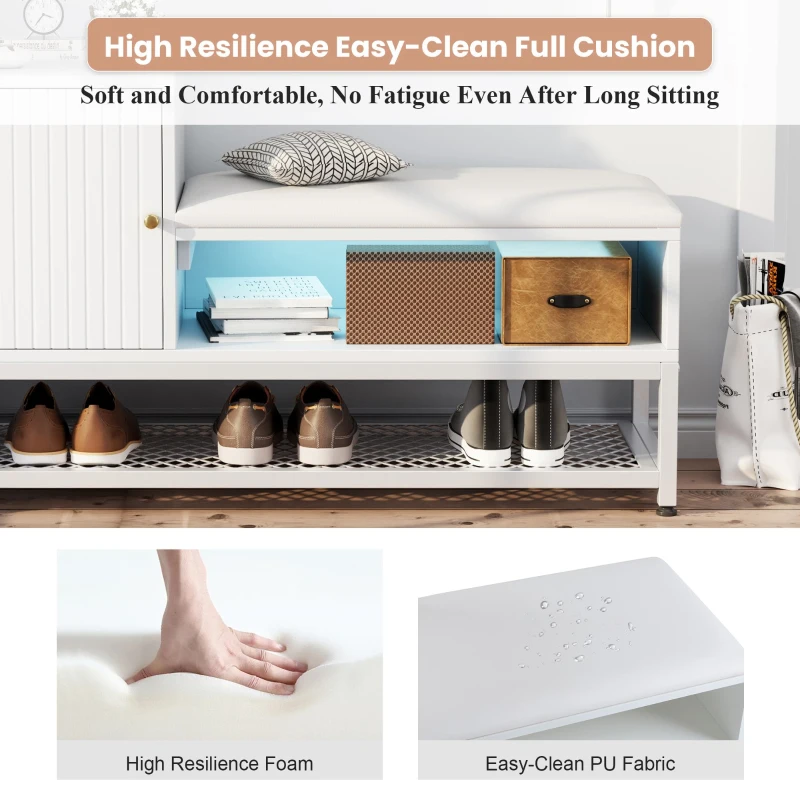 Modern Shoe Storage Bench with Padded Cushion and LED Lights, Entryway Organiser with Adjustable Shelves, 100L x 38W x 60H cm, White