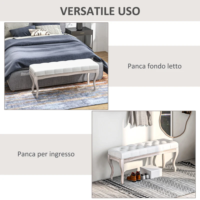 HOMCOM Panca Fondo Letto in Tessuto Effetto Lino, Schiuma e Legno, 110x37x49 cm, Bianco Crema