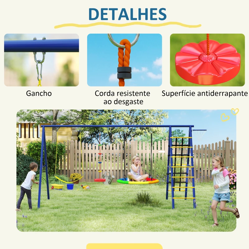 AIYAPLAY Baloiços para Crianças 6 em 1 com Baloiço Ninho Corda com Disco Rede para Escalar Escada e Aro de Basquetebol 350x183x200 cm Multicor