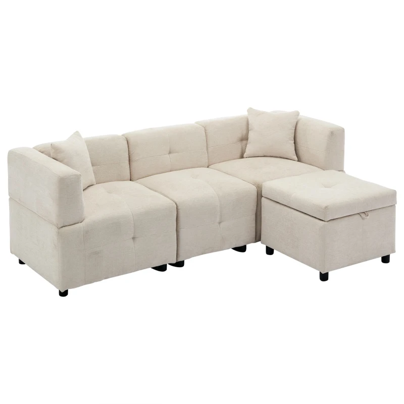 L-Shaped Sectional Sofa with Removable Storage Ottoman and 2 Pillows, Fabric Upholstery, 204L x 68W x 69H cm, Beige