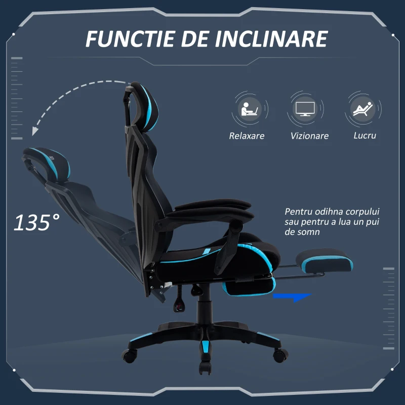 Vinsetto Scaun Gaming Ergonomic 65×65×119‑129 cm Negru/Albastru